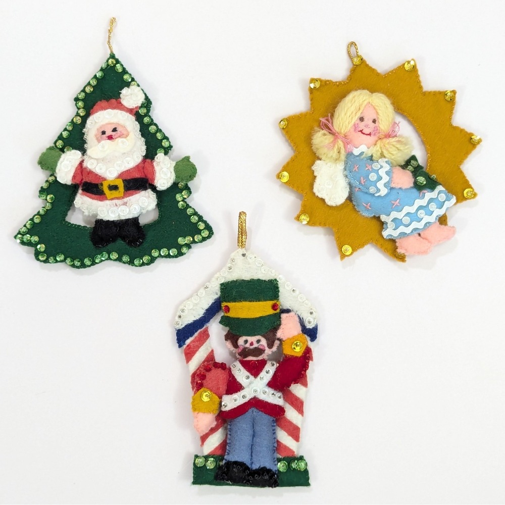 Vintage Bucilla Jeweled Holiday Toyland Cutouts Felt Sequin Christmas Ornaments